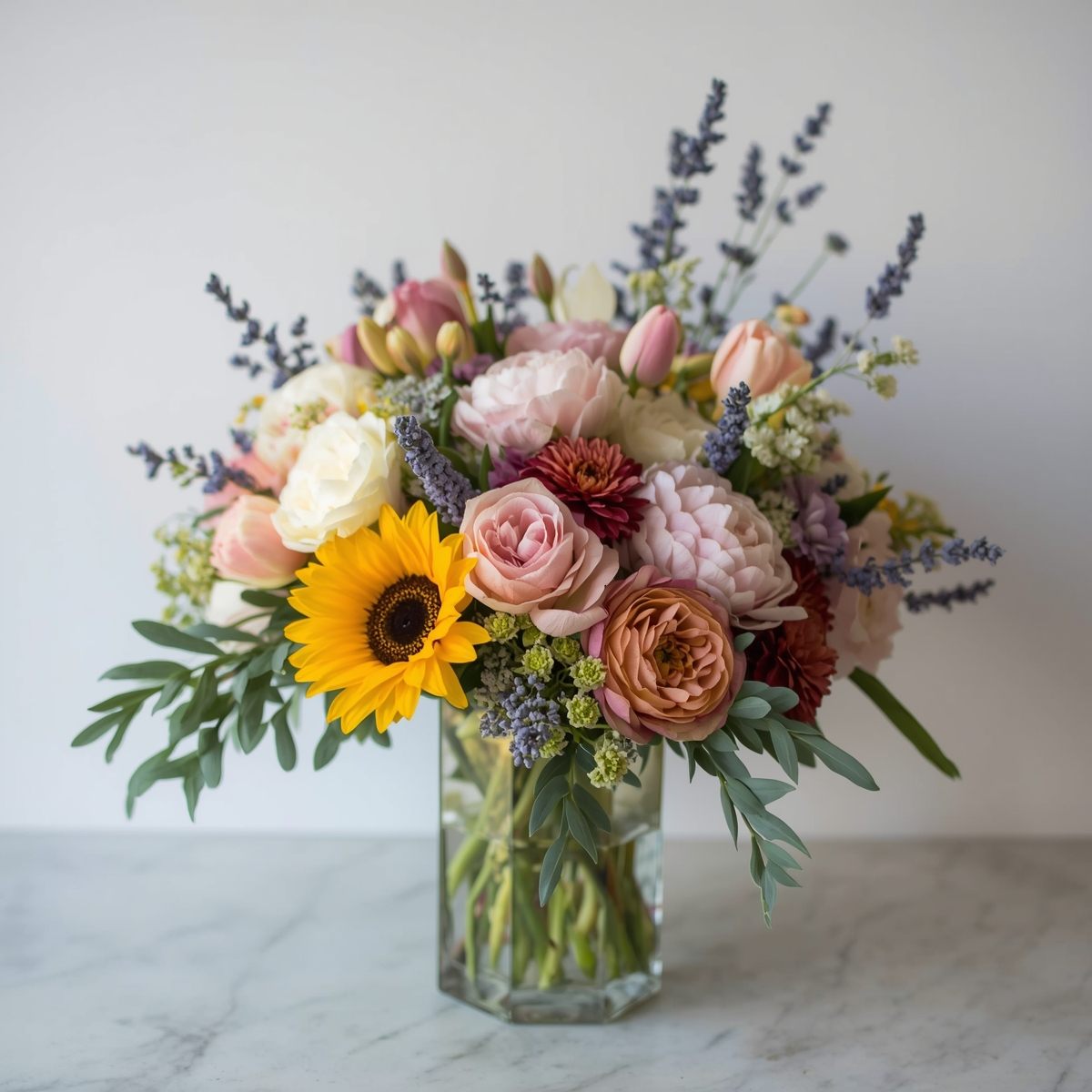 Summer bouquet with sunflowers and lavender
