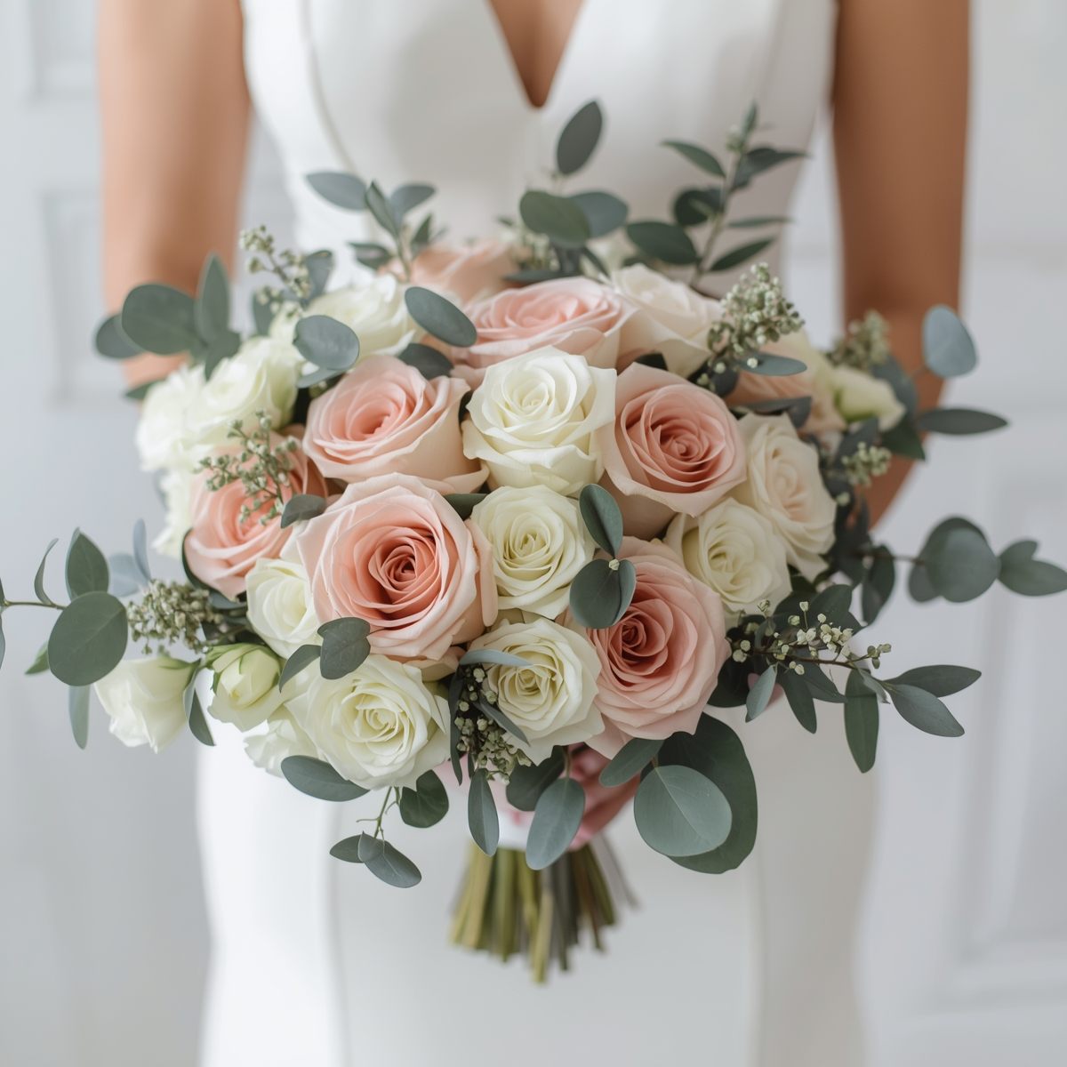 Elegant wedding bouquet with roses and eucalyptus